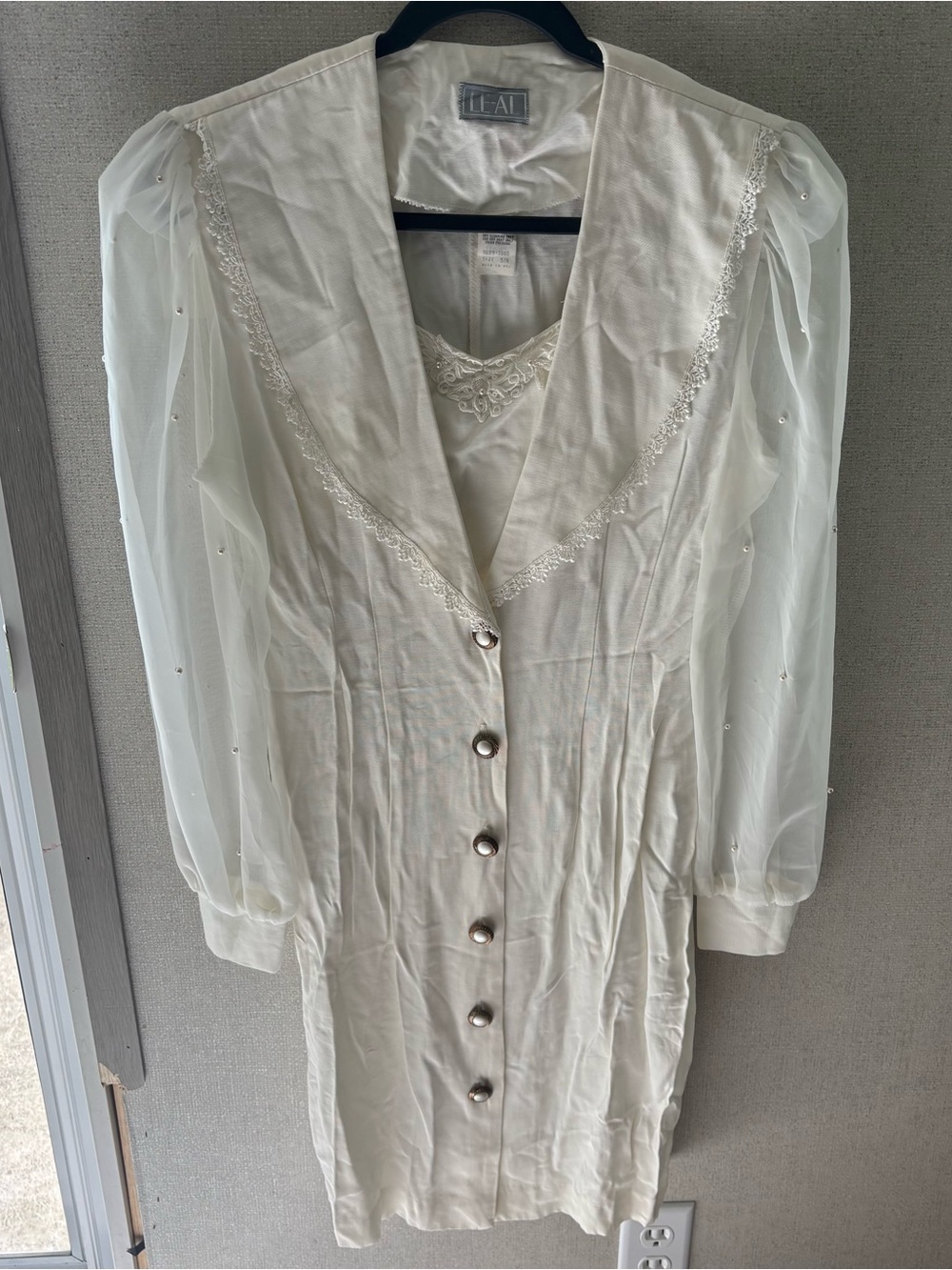 Vintage 80s 90s LE-AL Dawn Joy Cream Sheath Dress Sheer Pearl Sleeve Mini XS